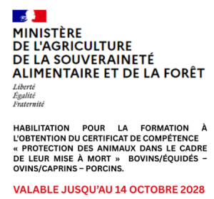 Habilitation INNOZH renouvelée par le ministère de l’Agriculture pour la formation au certificat de compétence Protection des animaux lors de leur mise à mort – bovins, équidés, ovins, caprins, porcins.