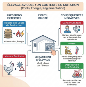 Infographie DERIV'AIR : schéma des pressions externes sur l'élevage avicole (hausse des coûts, menace sanitaire), du bâtiment d'élevage comme outil central piloté par l'éleveur, et des conséquences négatives d'un mauvais pilotage (danger sanitaire, pertes énergétiques et économiques, dégradation des produits). Projet INNOZH × Pôle Cristal avec le soutien de l'Institut Carnot AgriFood Transition.